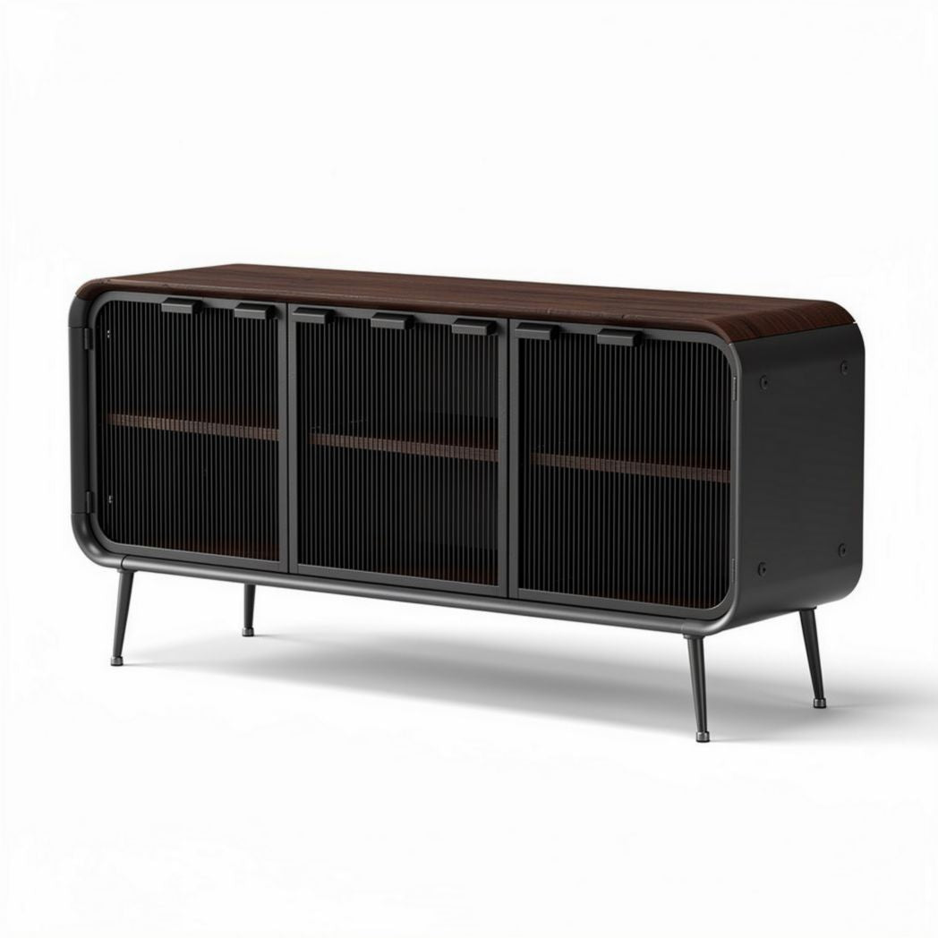 Buffet en bois et métal noir avec portes en verre 150 x 40 x 75cm