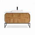 Meuble de salle de bain en bois bambou avec lavabo blanc 120 x 50 x 85cm