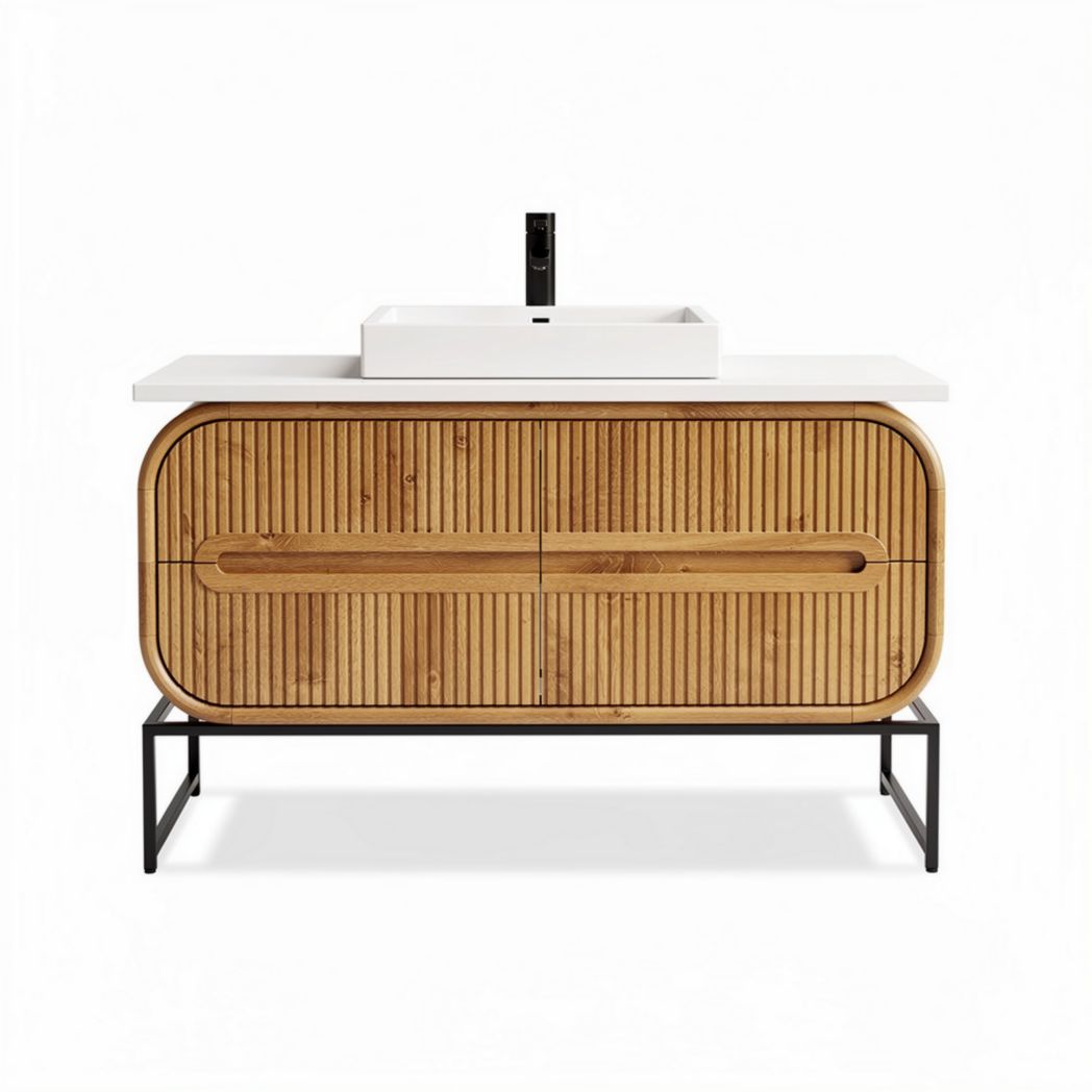 Meuble de salle de bain en bois bambou avec lavabo blanc 120 x 50 x 85cm