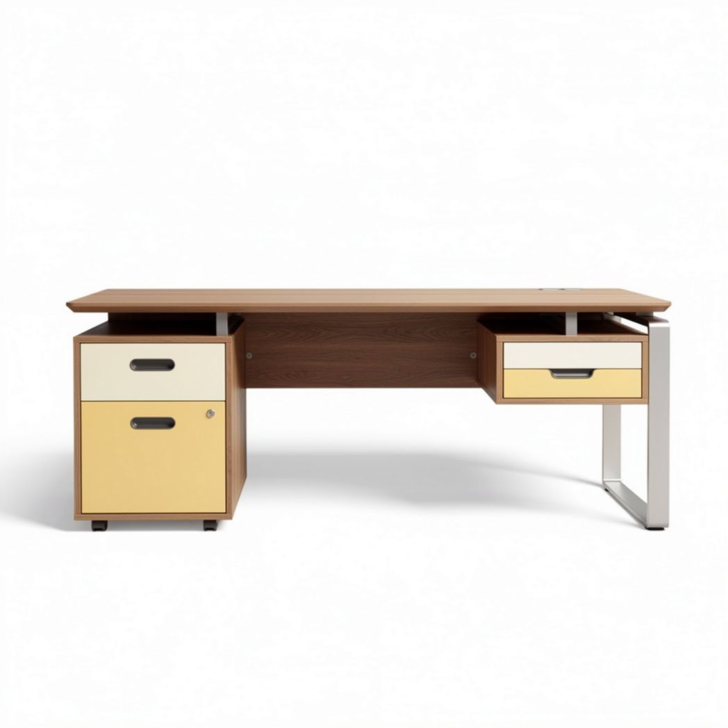 Bureau en bois avec tiroirs de rangement couleur jaune et blanc 150 x 75 x 75cm