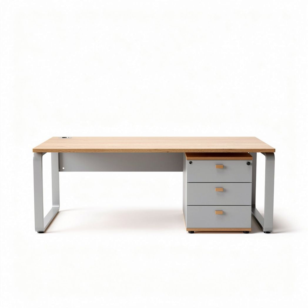 Bureau moderne en bois et métal avec tiroirs 120 x 60 x 75cm gris et naturel