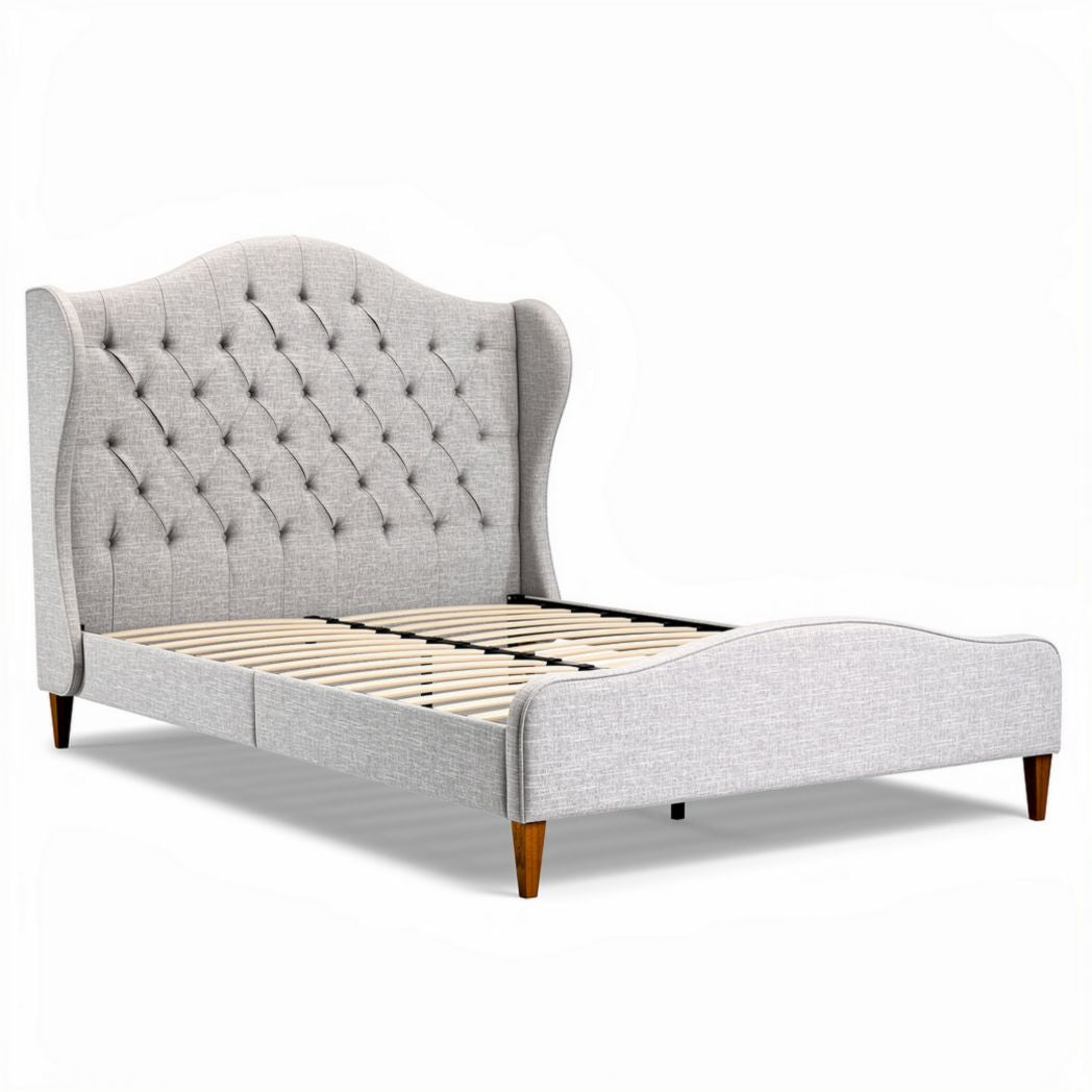 Lit en tissu beige avec tête de lit capitonnée dimensions 200 x 160 x 120cm
