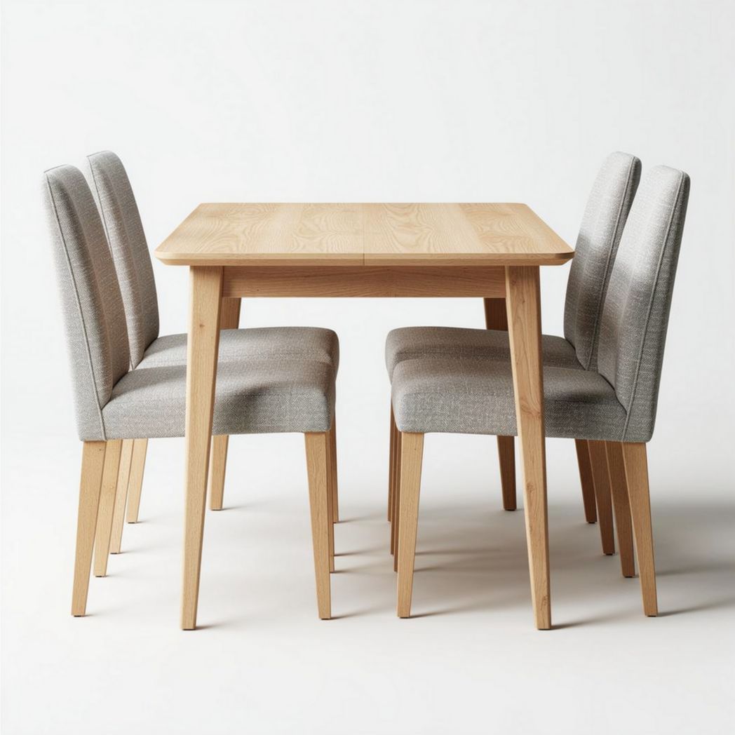 Table en bois de chêne avec quatre chaises rembourrées grises 122 x 76 x 76cm