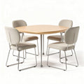 Table ronde en bois avec quatre chaises en tissu beiges dimensions 120 x 120 x 75cm