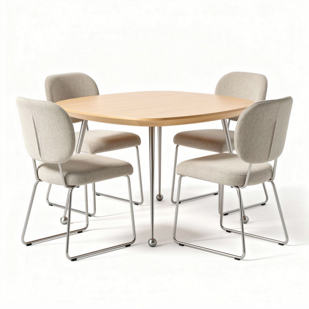 Table ronde en bois avec quatre chaises en tissu beiges dimensions 120 x 120 x 75cm