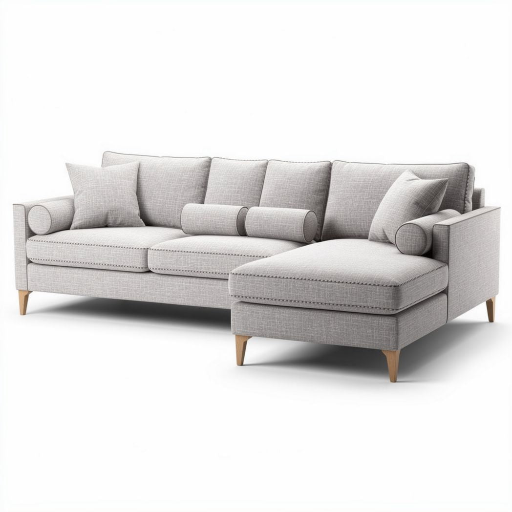 Canapé d'angle en tissu gris clair avec coussins et pieds en bois 200 x 90 x 85cm