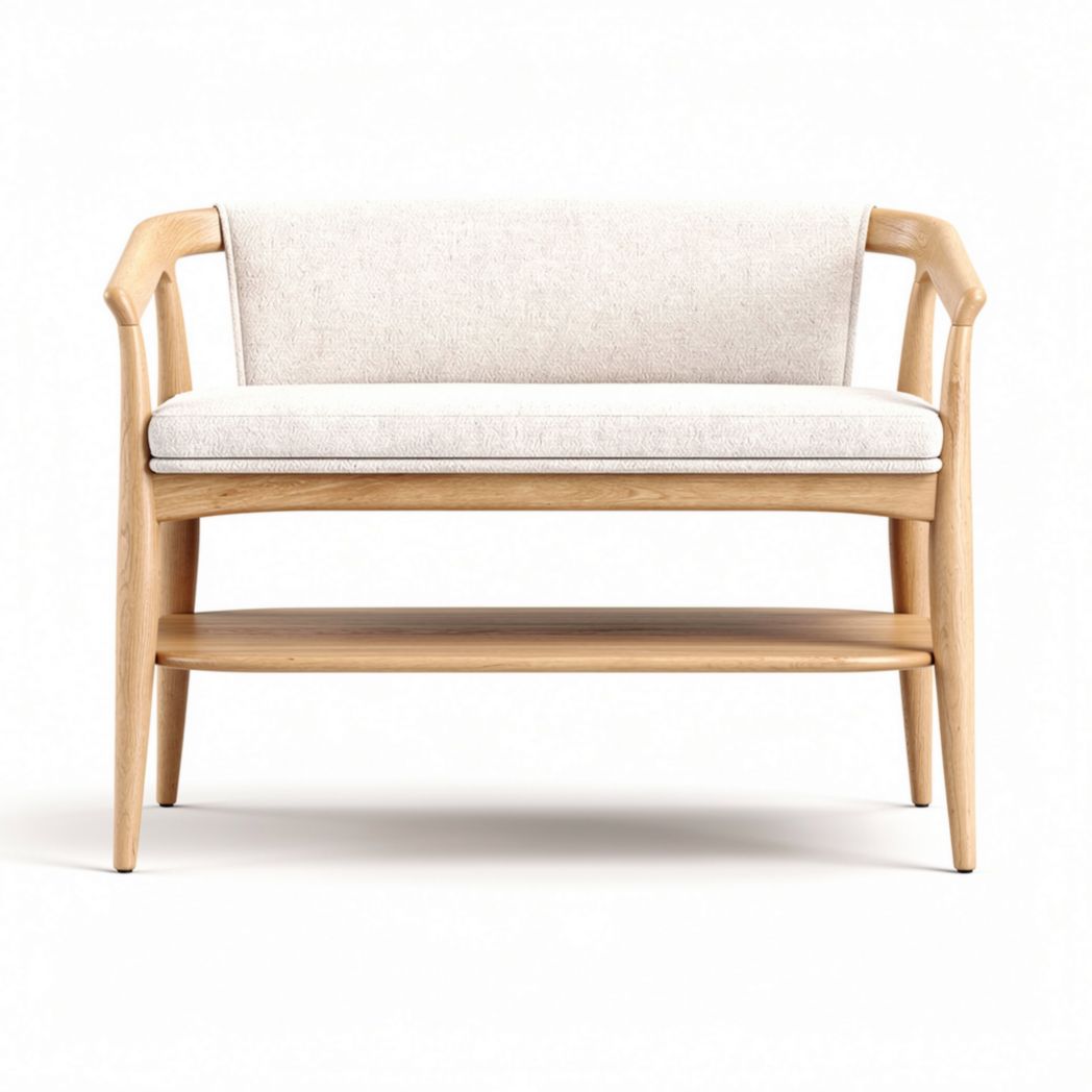 Canapé en bois clair avec coussin en lin beige et étagère inférieure 100 x 70 x 75cm