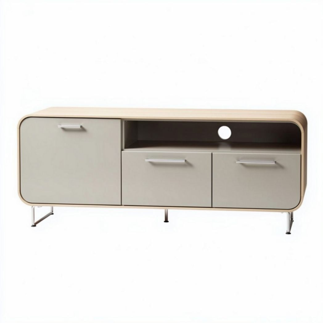 Meuble TV en bois naturel et mélamine gris 120 x 40 x 45cm avec tiroirs