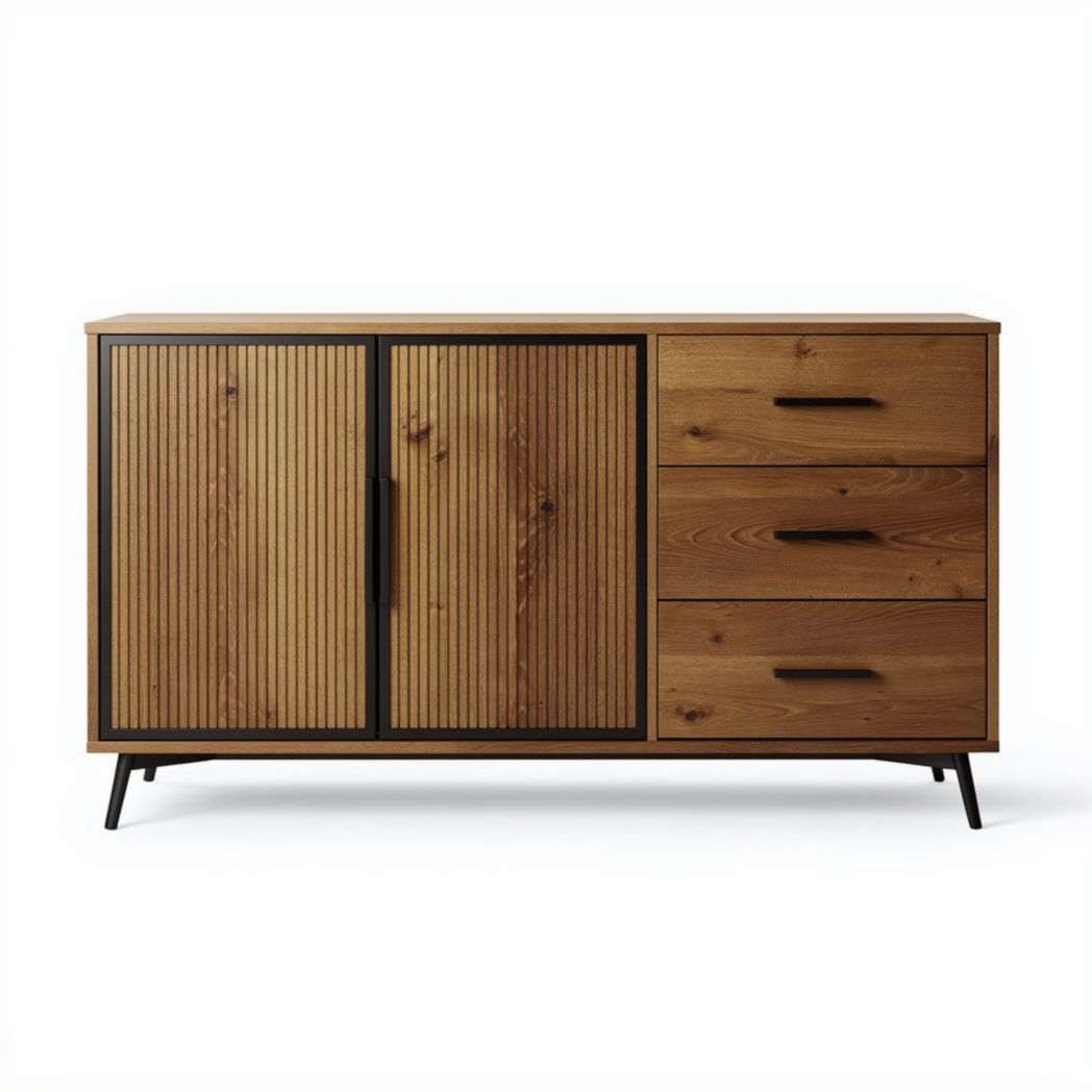 Buffet en bois marron avec portes coulissantes et tiroirs 150 x 40 x 80cm